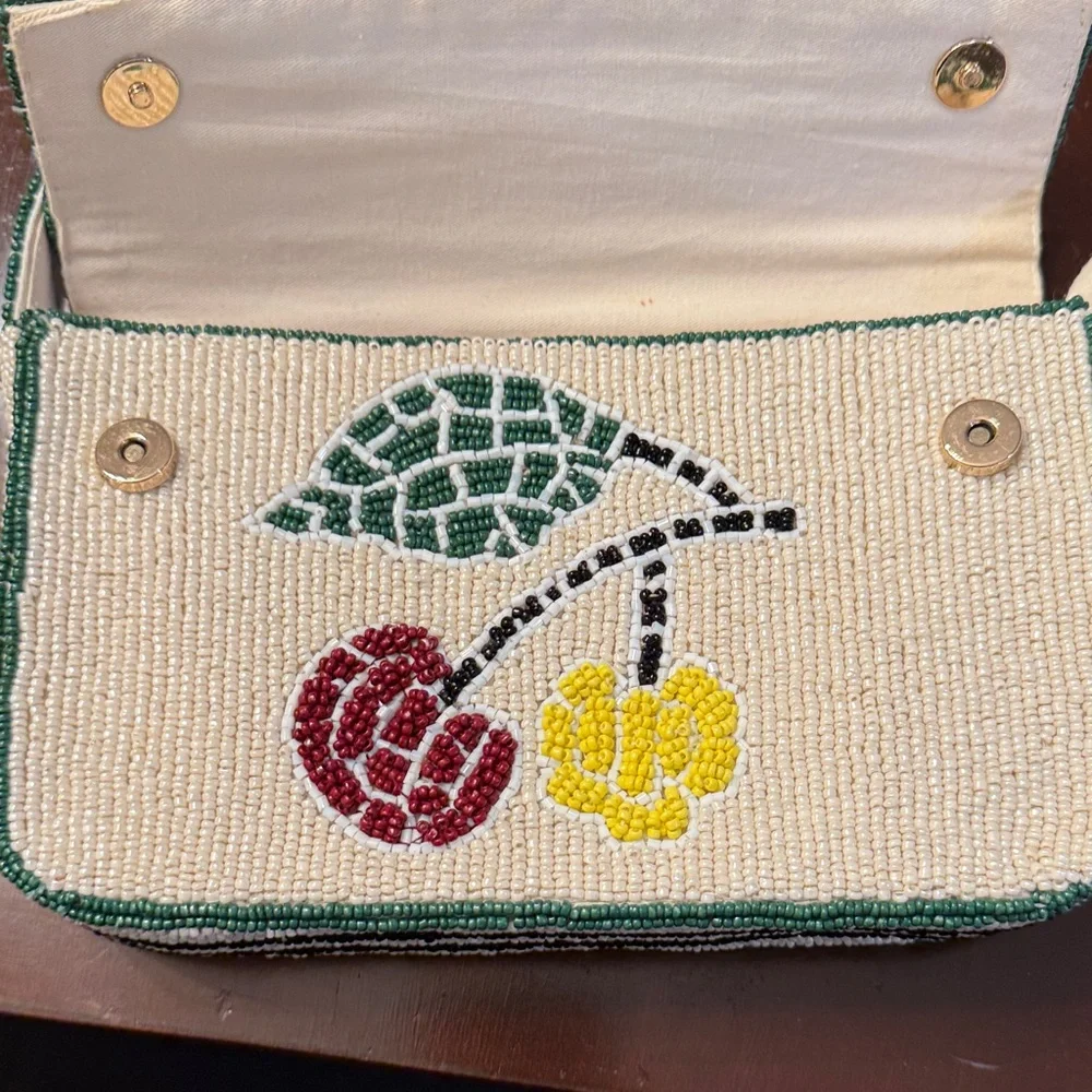 Beaded Cherry Crossbody Bag in Cream with Green Trim